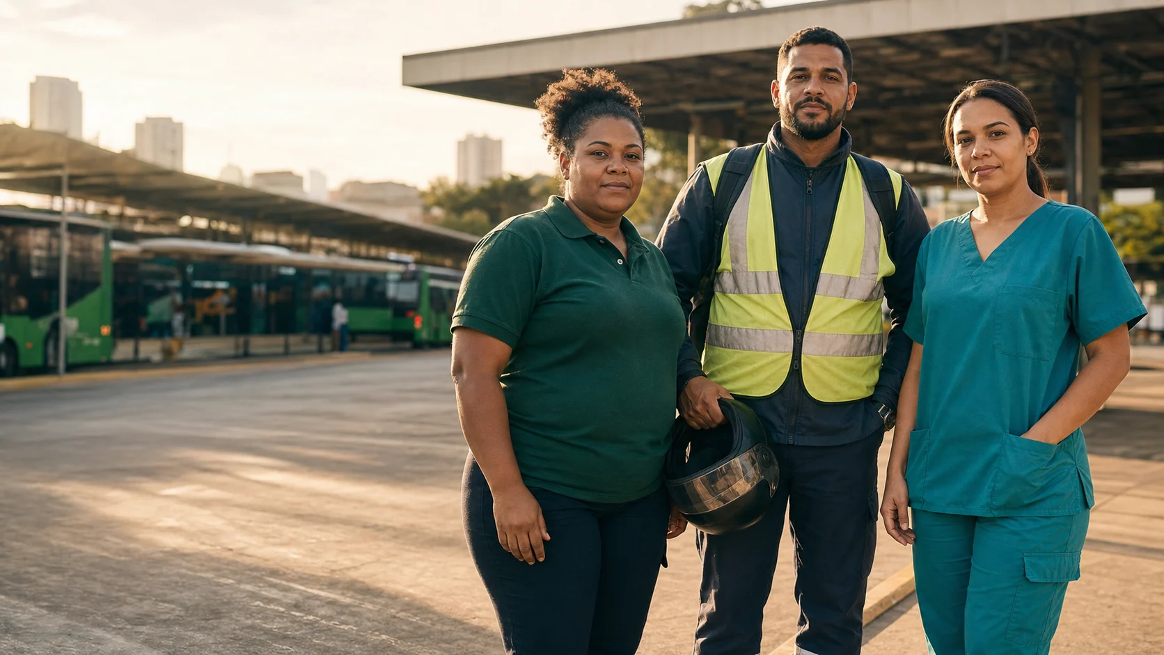 Trabalhadores brasileiros de diferentes áreas reunidos em um terminal de transporte